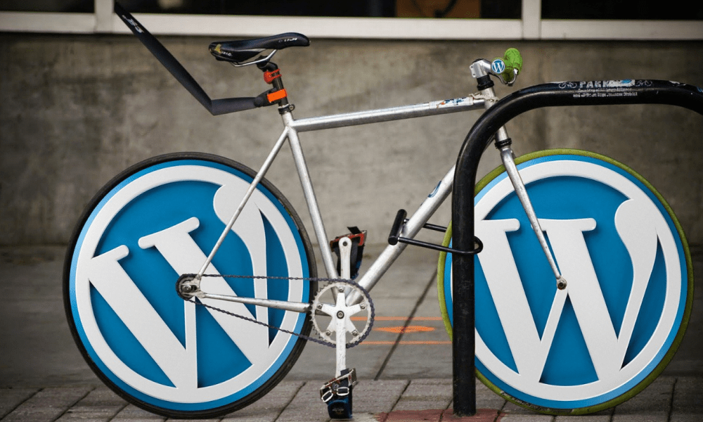Rower z logiem WordPressu zamiast szprych